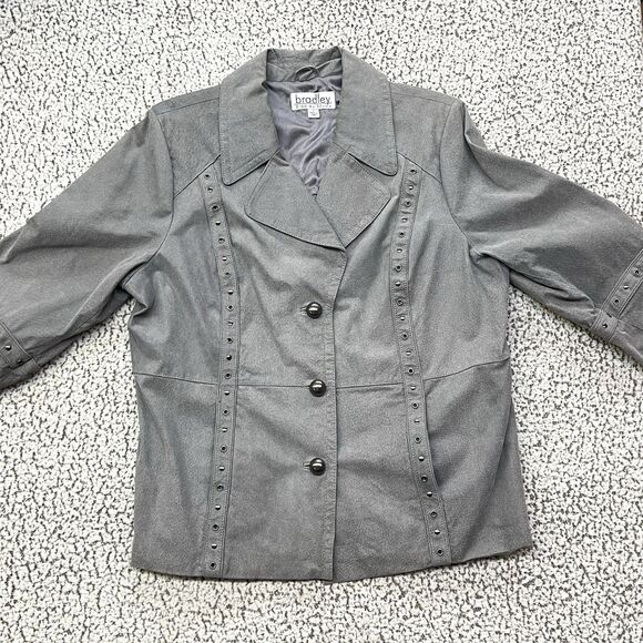 Bradley Bayou Genuine Suede Leather Jacket Womens XL Gray Studded Button Front - Picture 3 of 16